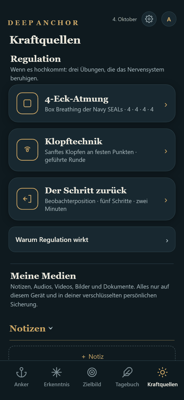 Kraftquellen: oben die Regulation mit 4-Eck-Atmung, Klopftechnik und Der Schritt zurück, darunter die Medien.