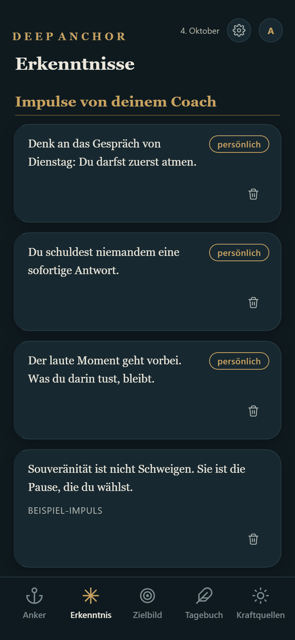 Erkenntnisse: die heutige Erkenntnis, Erkenntnisse des Coaches und eigene.