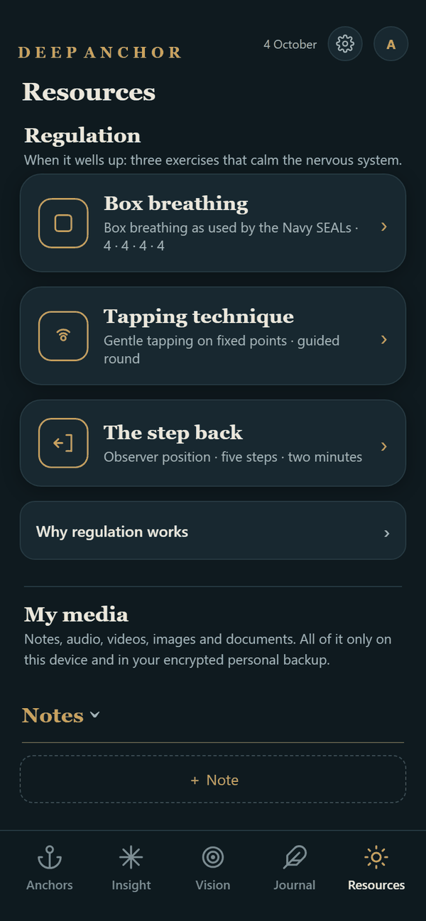 Resources: Regulation on top with box breathing, tapping and the step back, media below.
