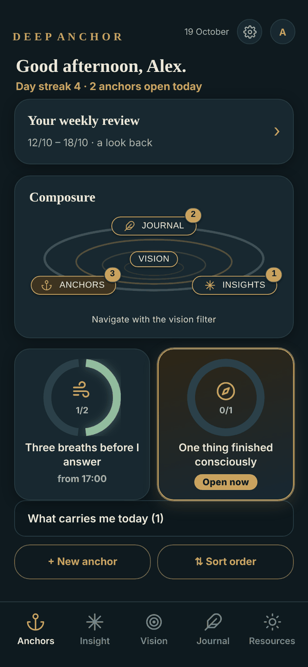 The Anchor area in the app: the weekly review, the vision as a tile, below it the day’s open anchors.