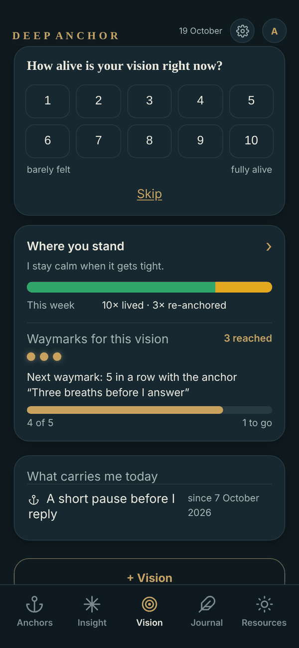 The Vision area: the question “How alive is your vision right now?” with a scale from 1 to 10, below it where you stand with waymarks and the collection “What carries me today”.