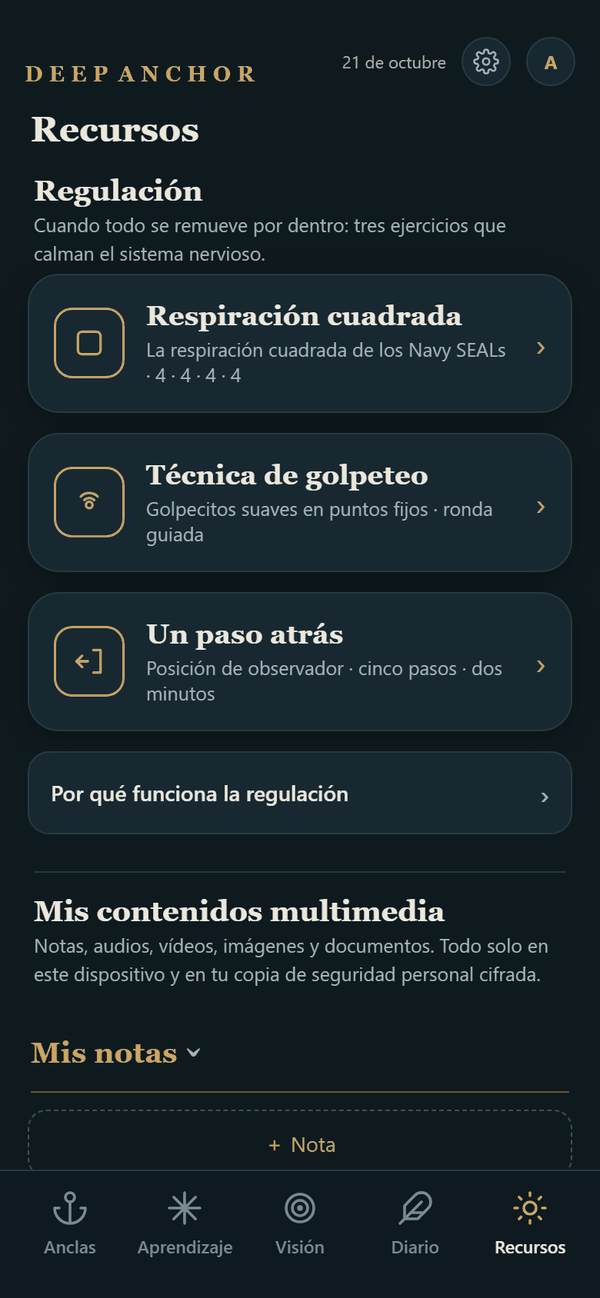 Recursos: arriba, la regulación con respiración cuadrada, técnica de golpeteo y Un paso atrás; debajo, los archivos multimedia.