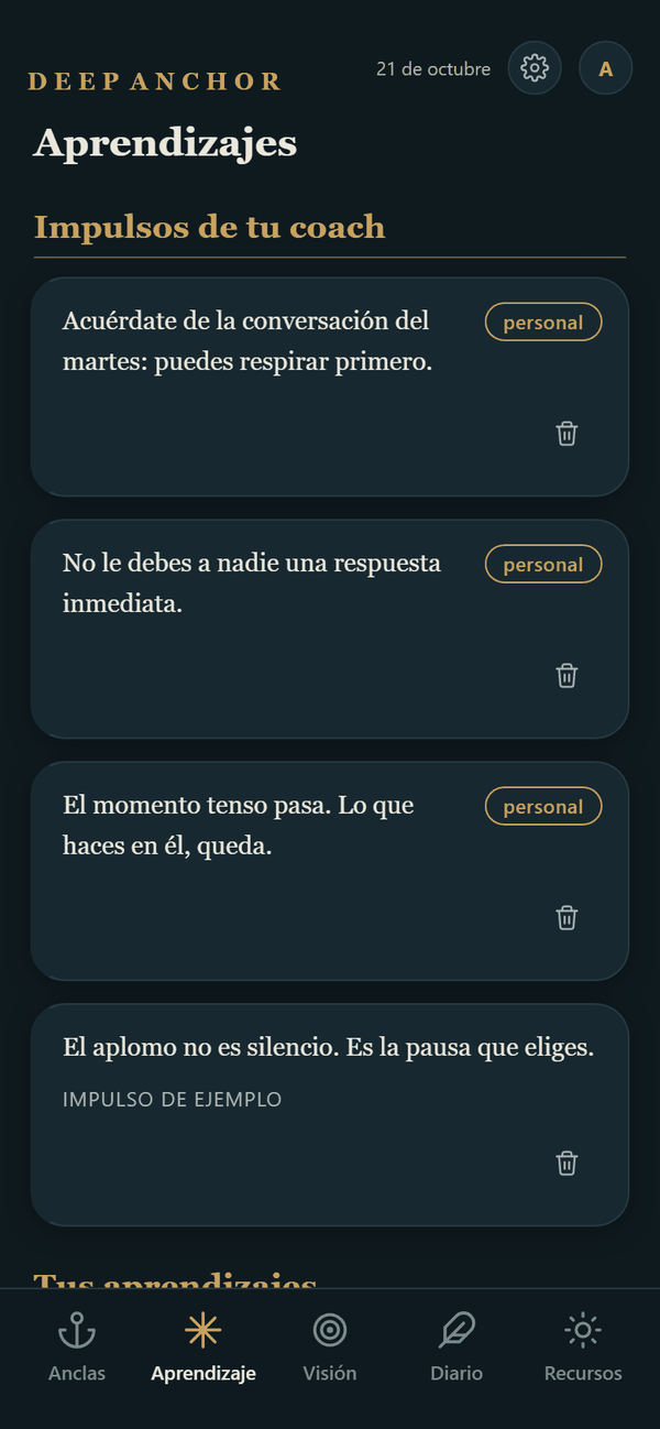 Aprendizaje: el aprendizaje de hoy, los aprendizajes de tu coach y los tuyos.