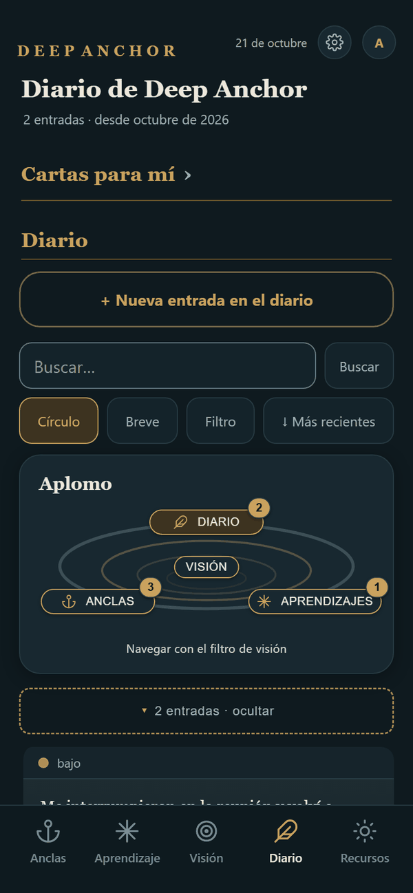 El diario con cartas, entradas, búsqueda y marcadores.